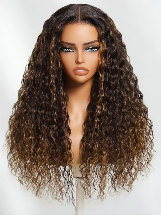 7x5 Water Wave Lace Closure Wig | Espresso Brown w/ Caramel Highlights | Iconic No Knots Wig 180% Density