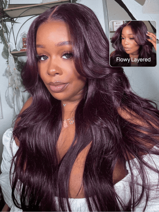 13x4 Burgundy Plum Layer Cut Straight Lace Frontal Wig | Put on and Go Wig | Pre-Everything Invisible Knots