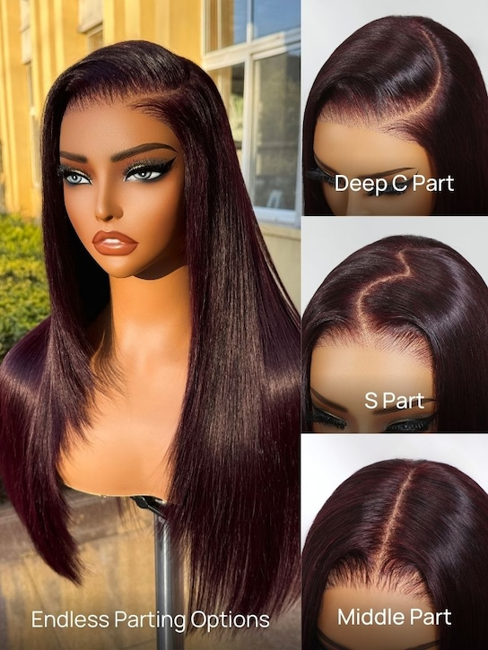 13x4 Burgundy Plum Layer Cut Straight Lace Frontal Wig | Put on and Go Wig | Pre-Everything Invisible Knots